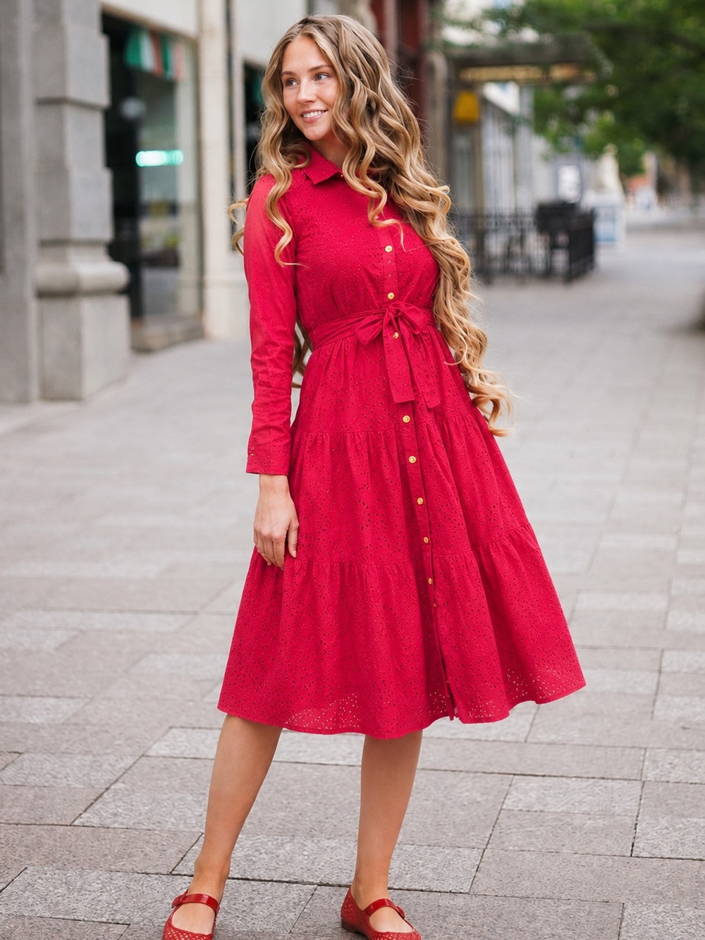 Women's Red Eyelet Shirt Dress with Tie Waist